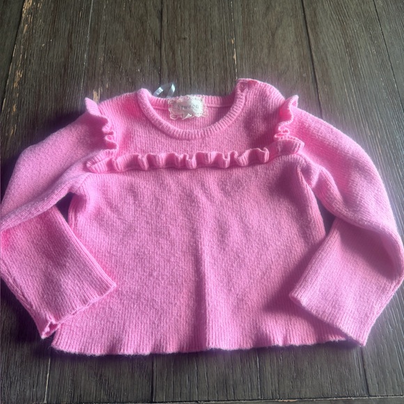 Btween pink knitted 2pc outfit long-sleeve, ruffle-trim top, flared pants. 2T - Picture 2 of 5